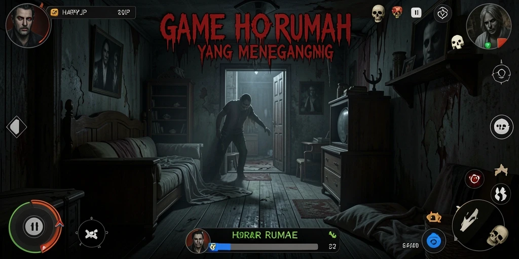 Screenshot utama HARAPJP menampilkan suasana horor di dalam rumah angker.
