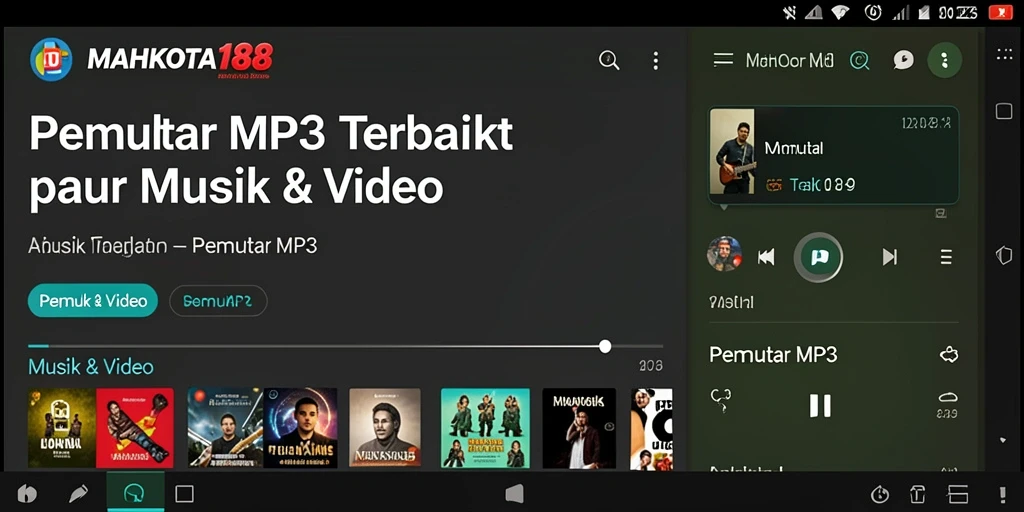 Tampilan antarmuka aplikasi Pemutar MP3 MAHKOTA188 yang modern dan user-friendly.