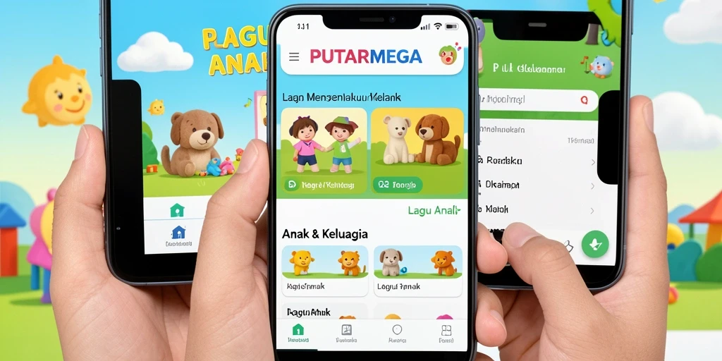 Antarmuka PUTARMEGA yang ceria dan interaktif untuk lagu anak.
